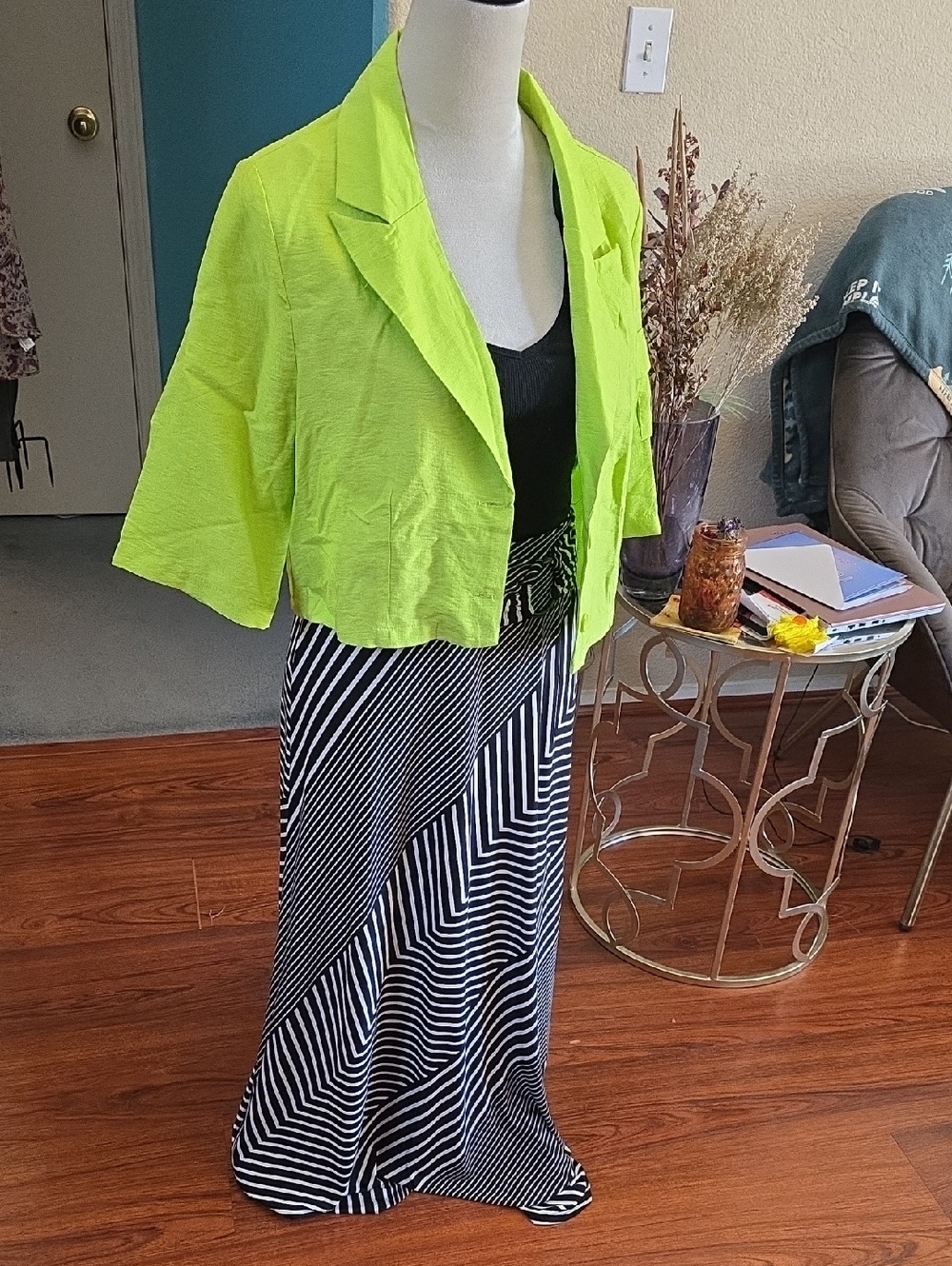 Robert Louis Lime Green Cropped Jacket with Black & White Striped Maxi Skirt